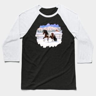 Bay Brown Pinto Skewbald Gypsy Vanner Draft Horse Trotting in Snow Baseball T-Shirt